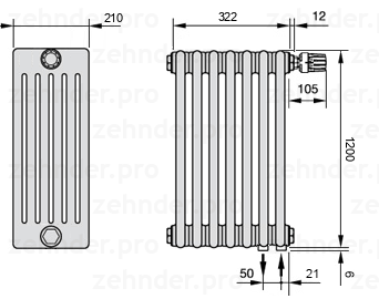 Схема (чертеж) Радиатор Zehnder Charleston 6120/7 №V002 Белый глянцевый RAL 9016